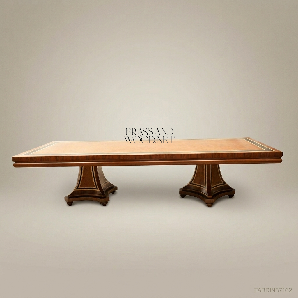 Brass & Wood Neoclassical Inlaid Wood Dining Table — 10 Persons