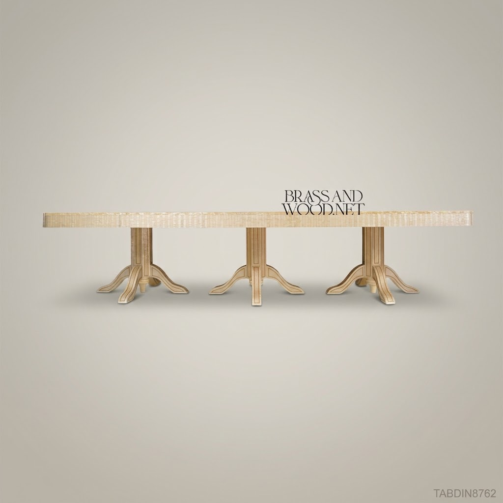 Brass & Wood Neoclassical Marquetry Inlay Rectangular Dining Table