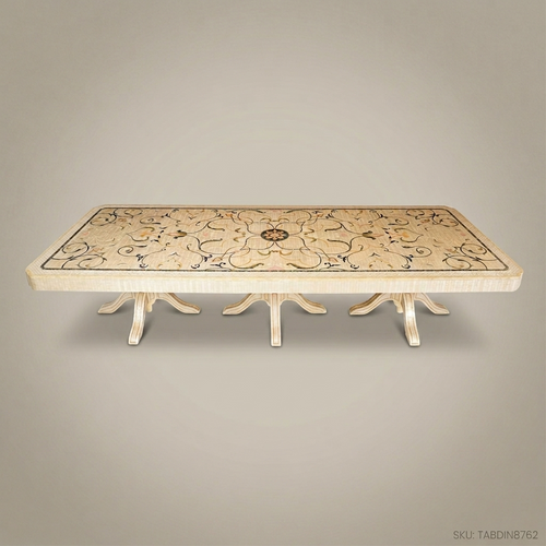 Brass & Wood Neoclassical Marquetry Inlay Rectangular Dining Table