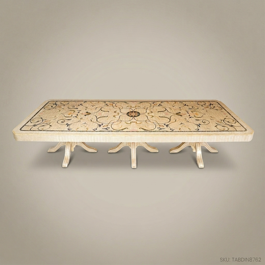 Brass & Wood Neoclassical Marquetry Inlay Rectangular Dining Table — 22 Persons
