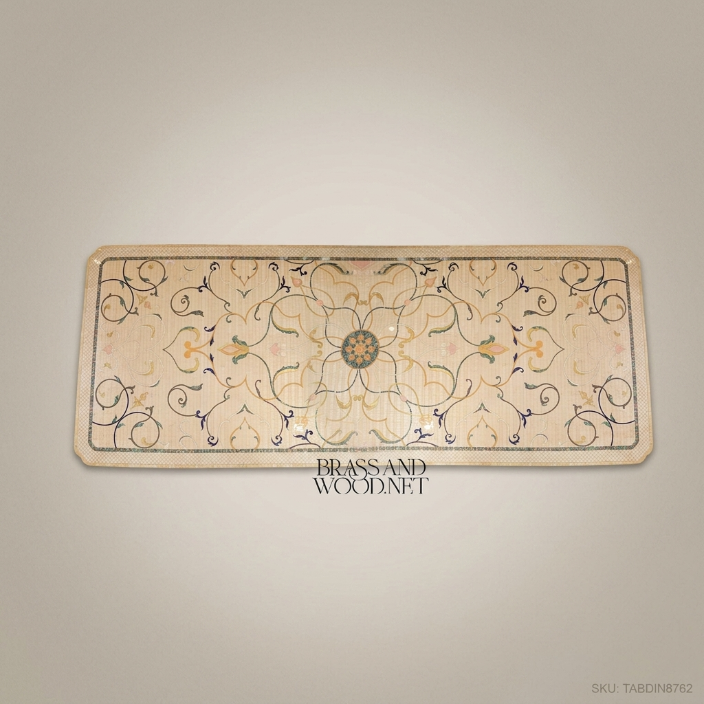 Brass & Wood Neoclassical Marquetry Inlay Rectangular Dining Table — 26 Persons