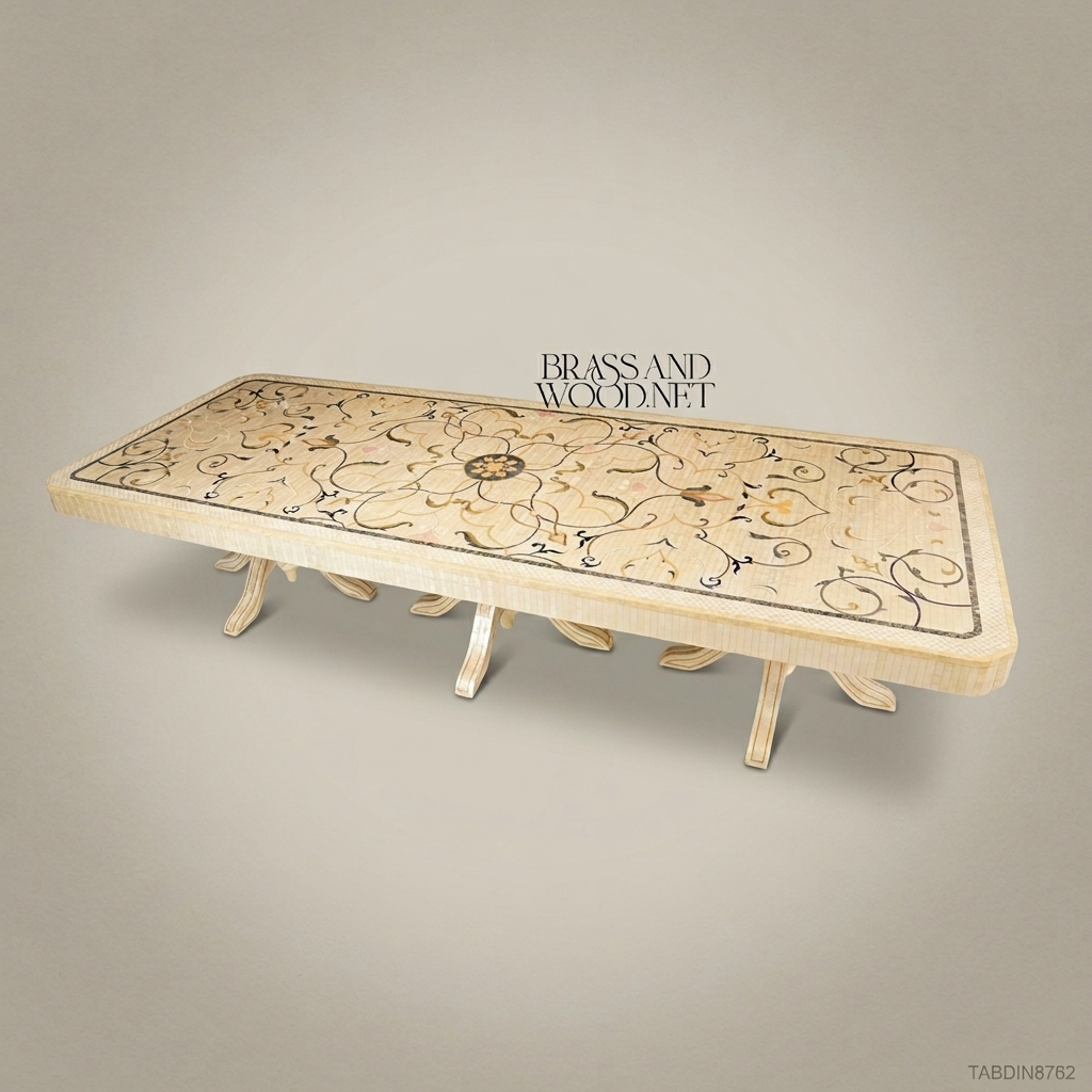 Brass & Wood Neoclassical Marquetry Inlay Rectangular Dining Table — 6 Persons