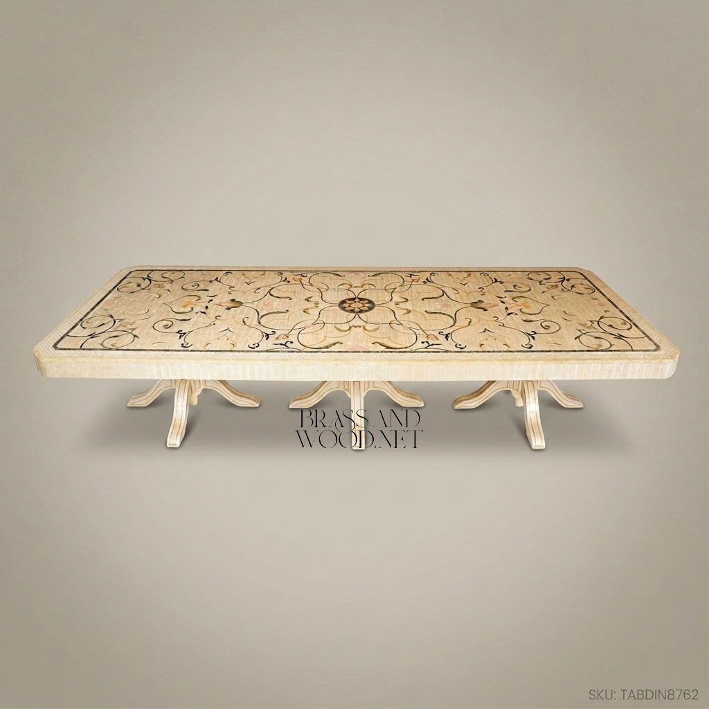 Brass & Wood Neoclassical Marquetry Inlay Rectangular Dining Table — 6 Persons