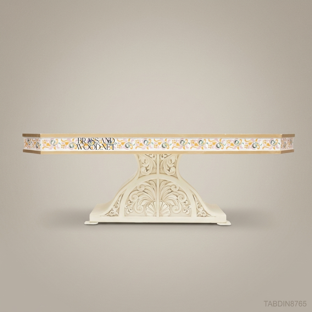 Brass & Wood Hand-Painted Carved Dining Table — 10 Persons