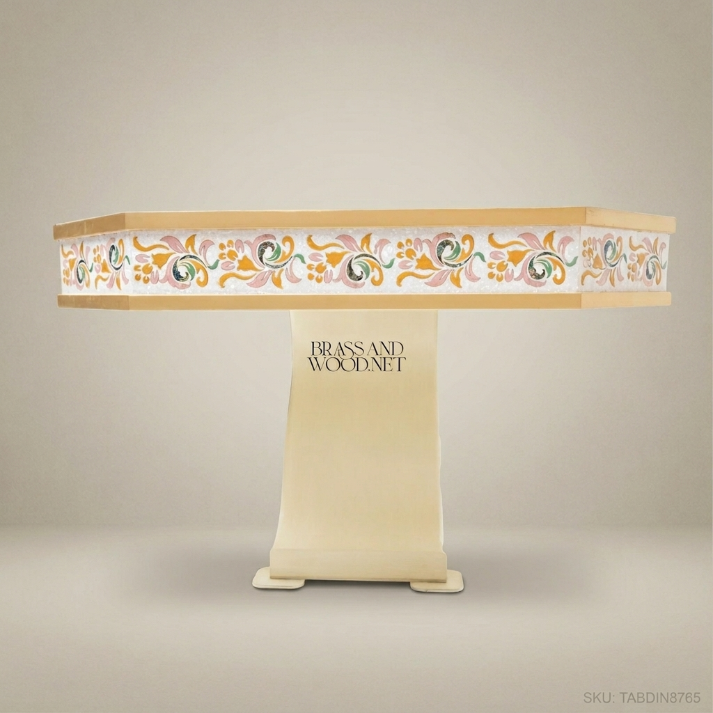 Brass & Wood Hand-Painted Carved Dining Table — 10 Persons