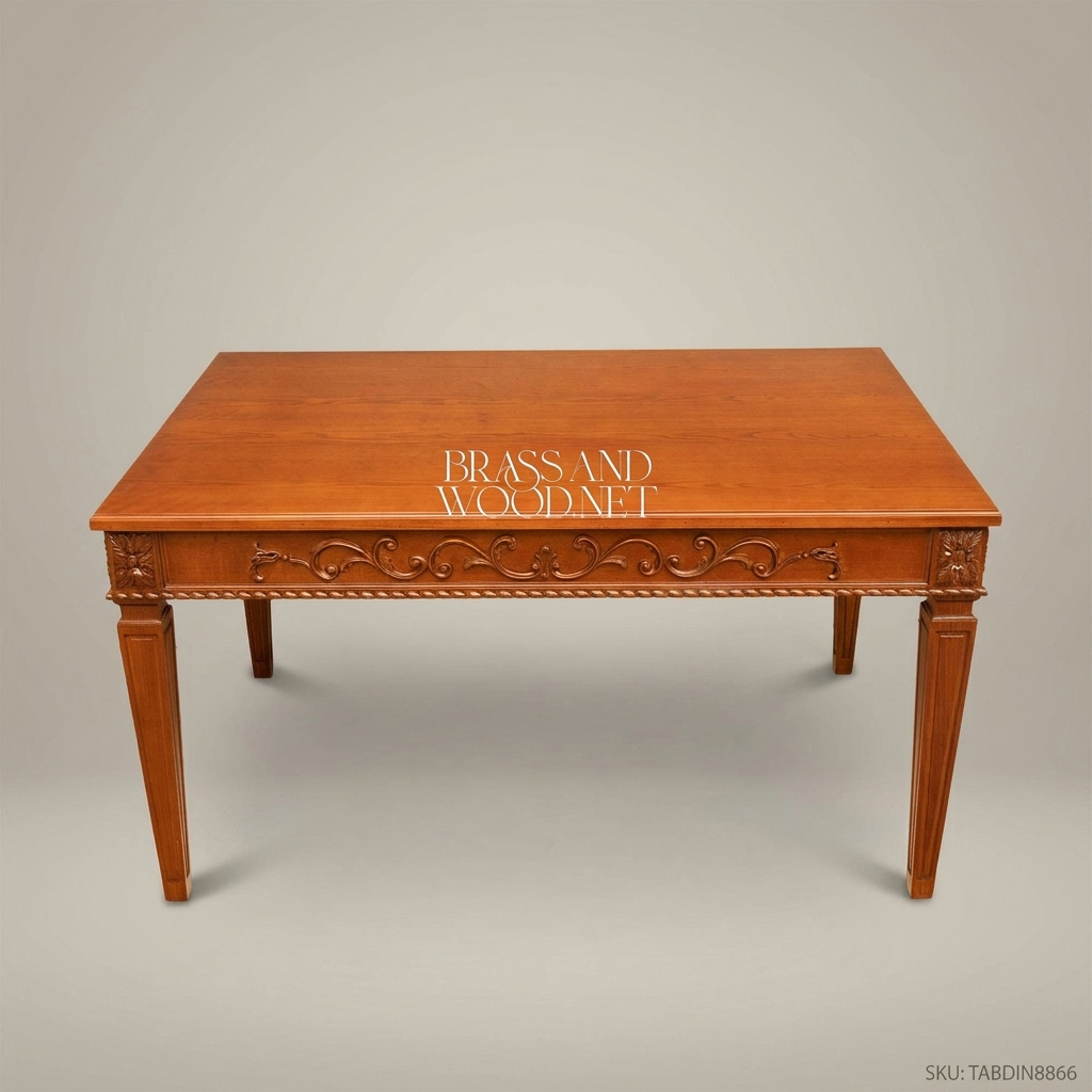 Brass & Wood Neoclassical Carved Wood Dining Table — 6 Persons