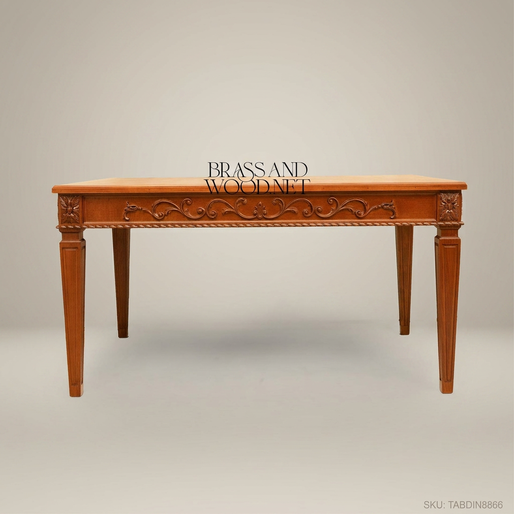 Brass & Wood Neoclassical Carved Wood Dining Table — 10 Persons