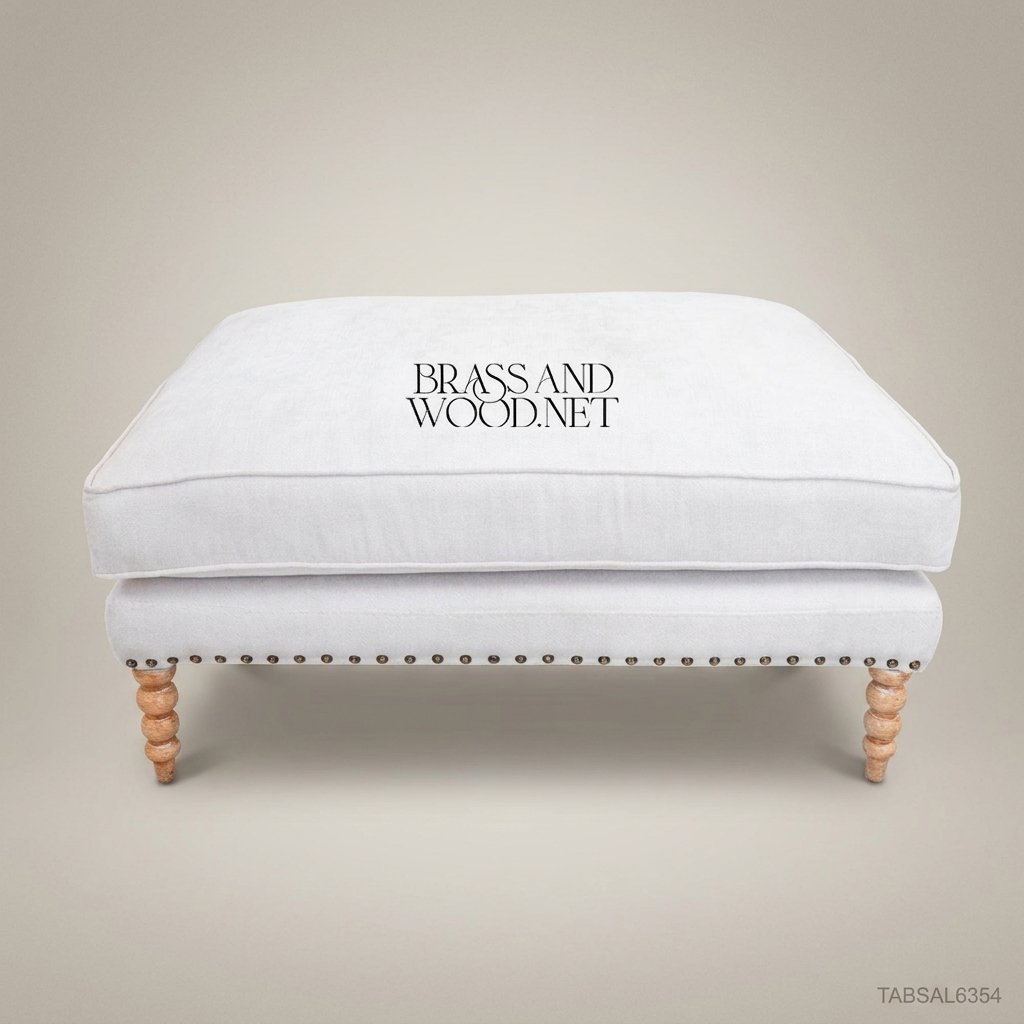 Neoclassical Salon Ottoman with Turned Legs & Nailhead Trim