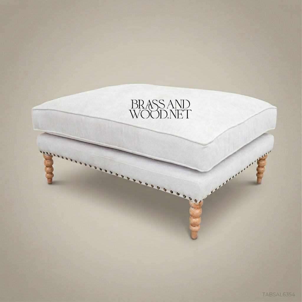 Neoclassical Salon Ottoman with Turned Legs & Nailhead Trim