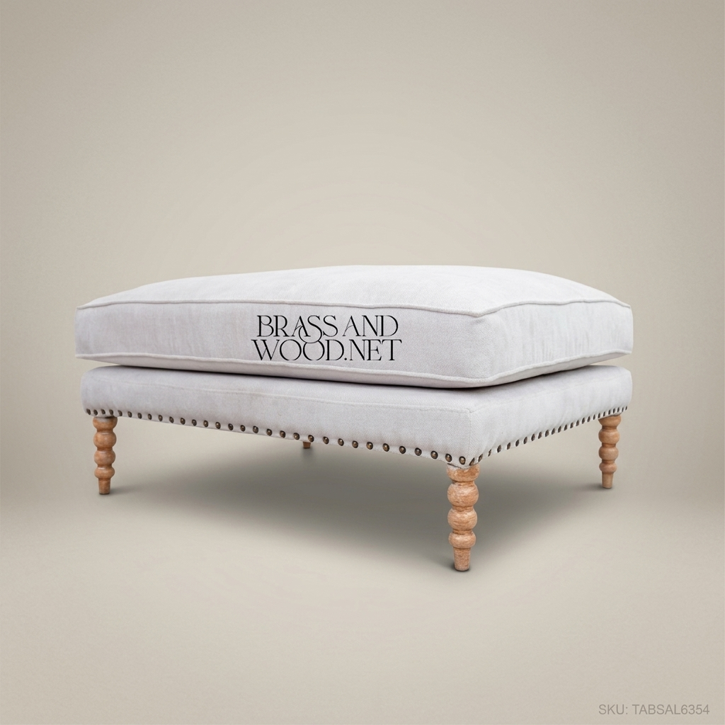 Neoclassical Salon Ottoman with Turned Legs & Nailhead Trim