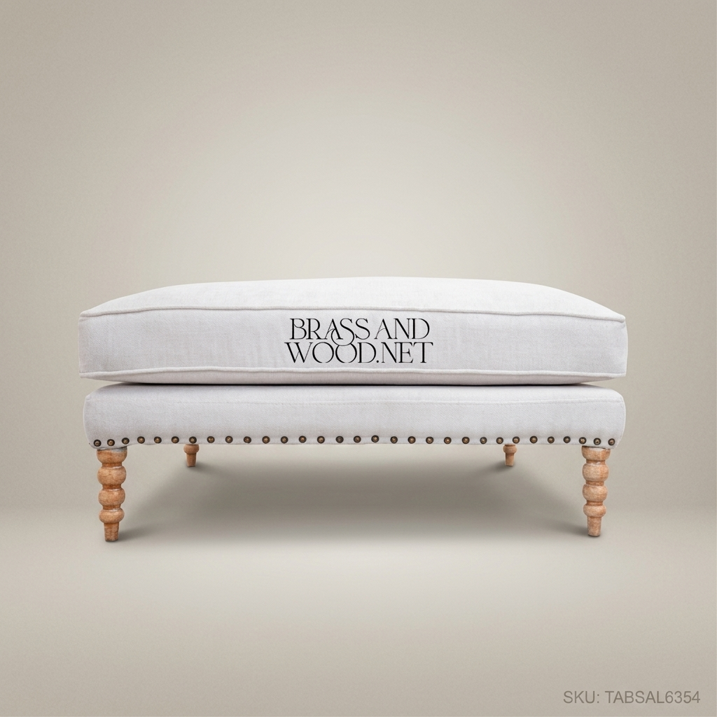 Neoclassical Salon Ottoman with Turned Legs & Nailhead Trim