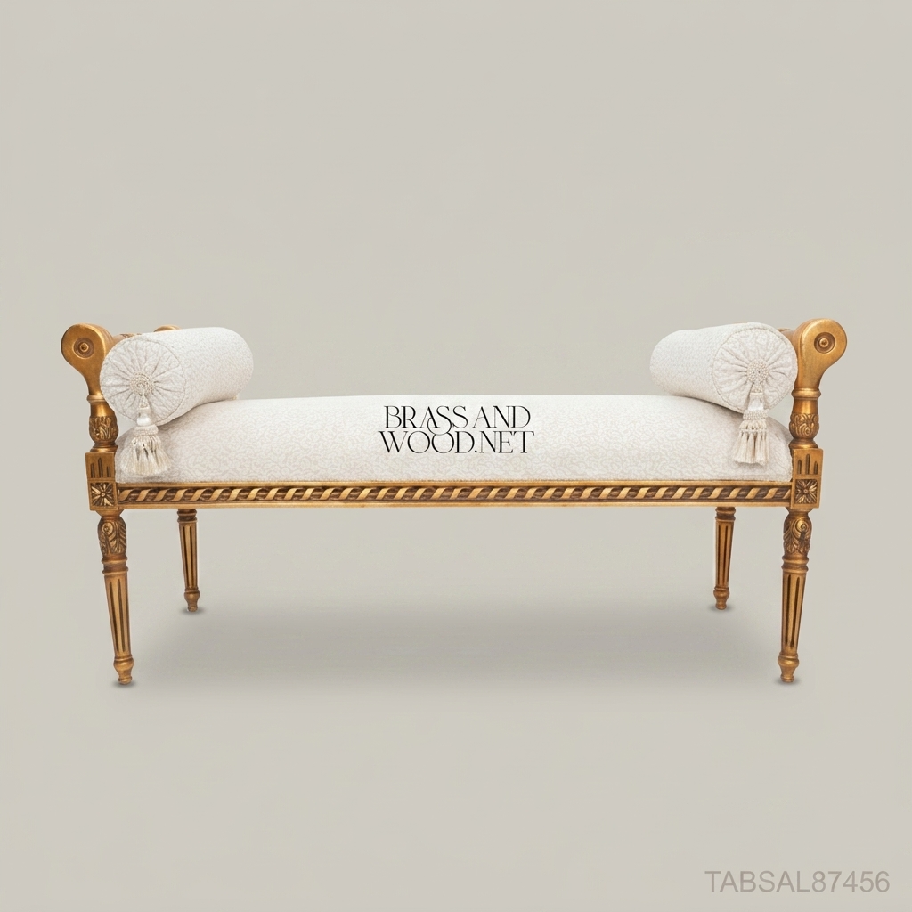 Louis XVI Gilded Wood Salon Banquette with Rolled Arms & Bouclé Upholstery
