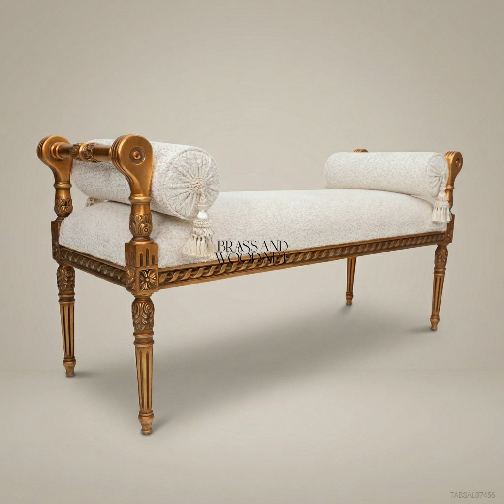 Louis XVI Gilded Wood Salon Banquette with Rolled Arms & Bouclé Upholstery