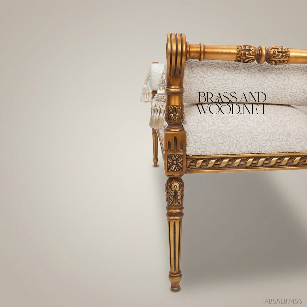 Louis XVI Gilded Wood Salon Banquette with Rolled Arms & Bouclé Upholstery