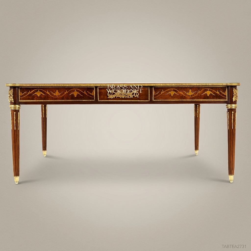 Louis XVI Neoclassical Salon Coffee Table with Marquetry & Gilt Bronze