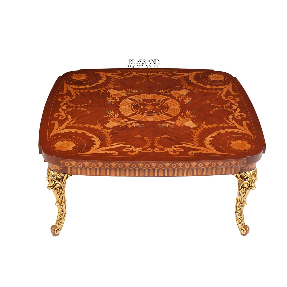 Baroque Marquetry Salon Coffee Table with Gilded Cabriole Legs