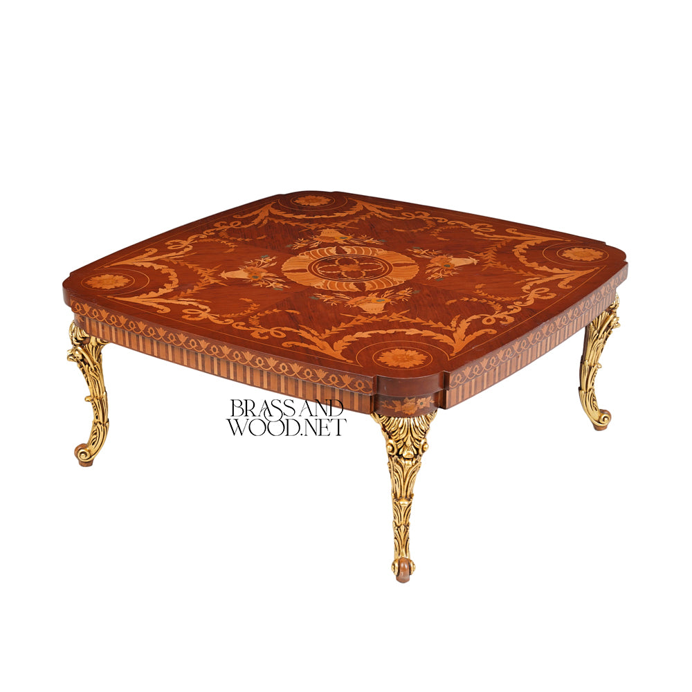 Baroque Marquetry Salon Coffee Table with Gilded Cabriole Legs
