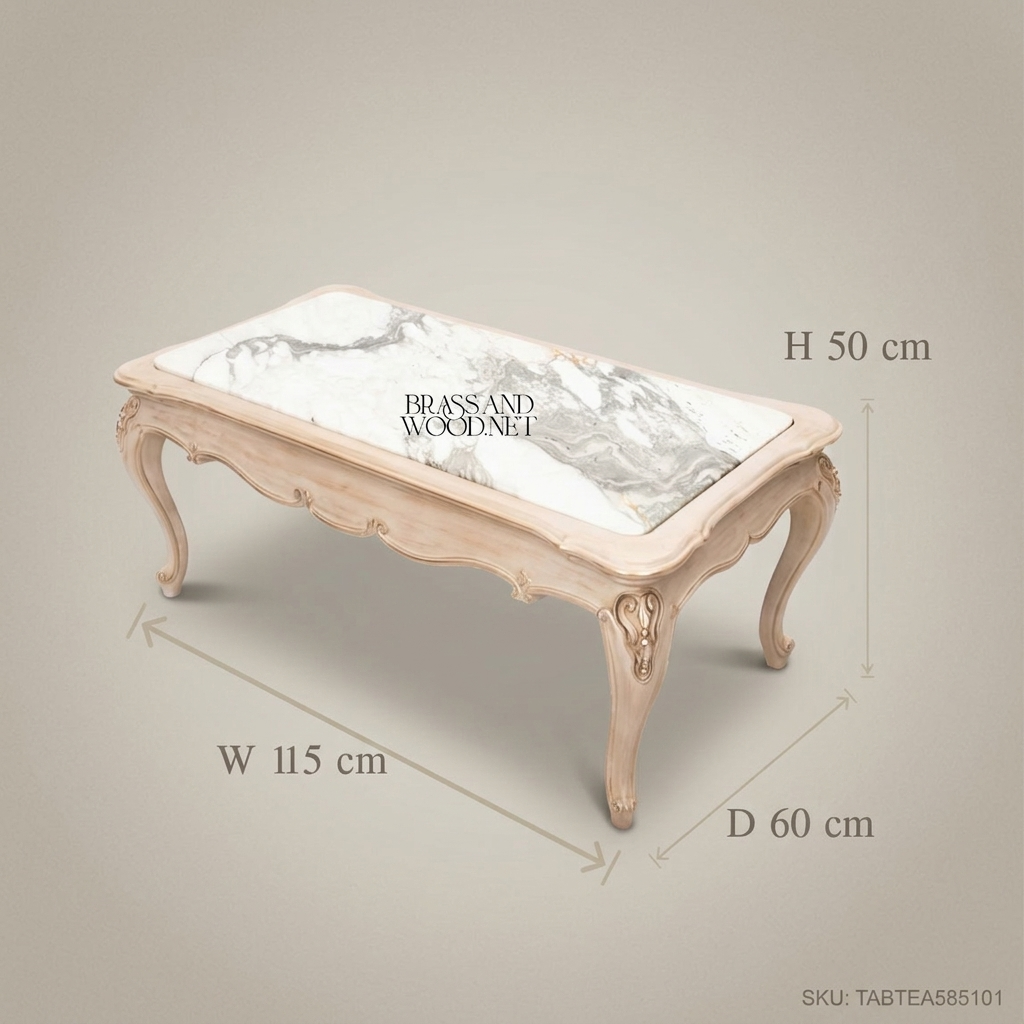 Louis XV Salon Coffee Table with Marble Top & Carved Ivory Wood Frame