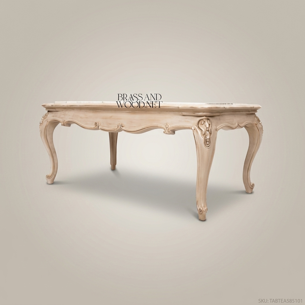 Louis XV Salon Coffee Table with Marble Top & Carved Ivory Wood Frame