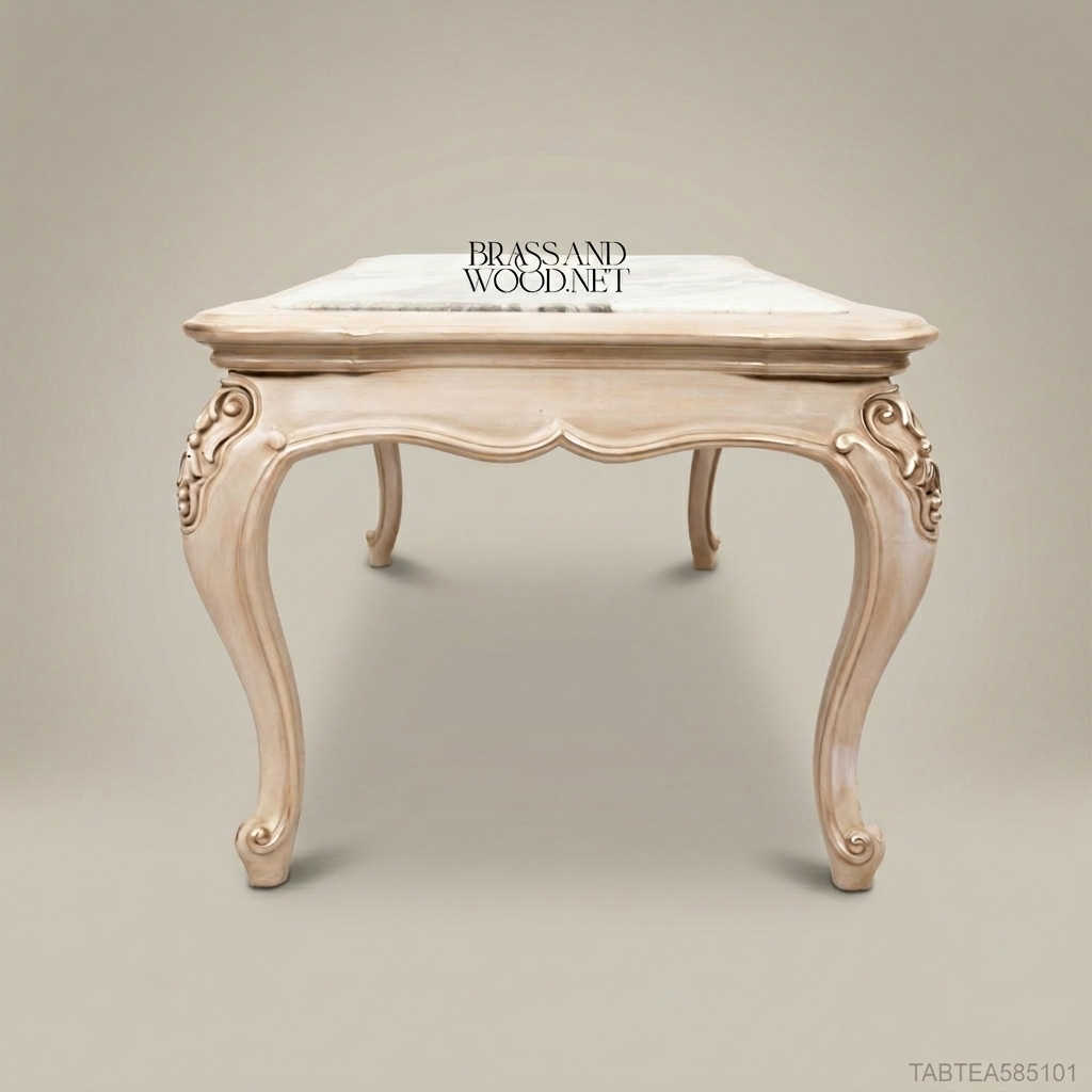 Louis XV Salon Coffee Table with Marble Top & Carved Ivory Wood Frame