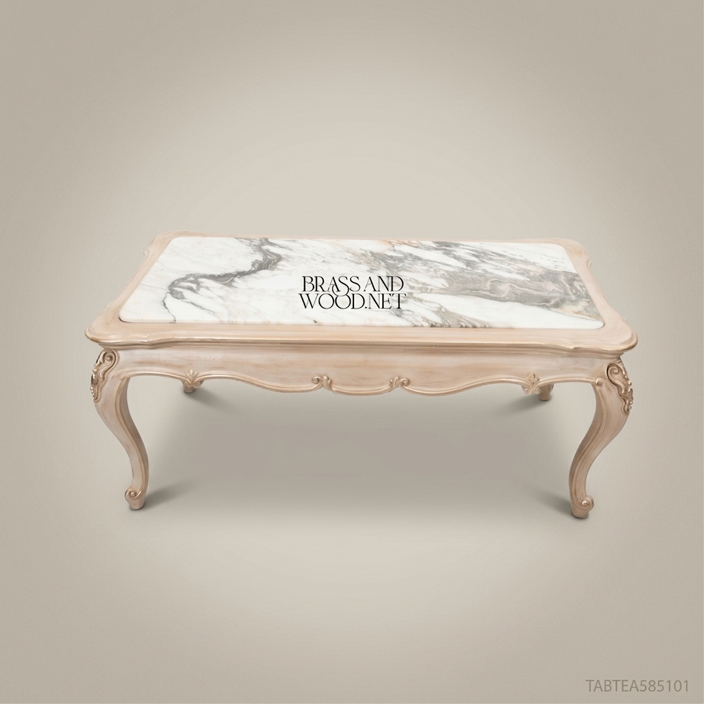Louis XV Salon Coffee Table with Marble Top & Carved Ivory Wood Frame