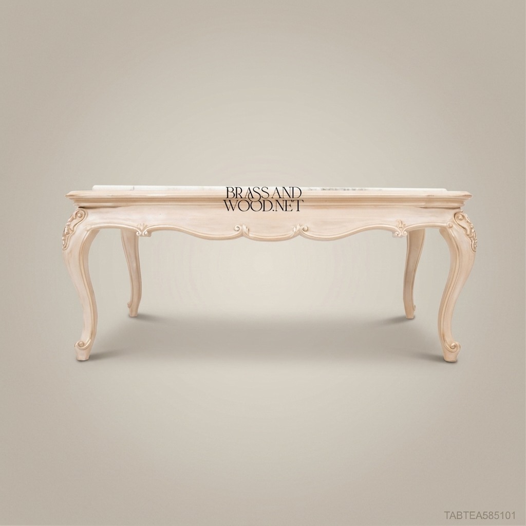 Louis XV Salon Coffee Table with Marble Top & Carved Ivory Wood Frame