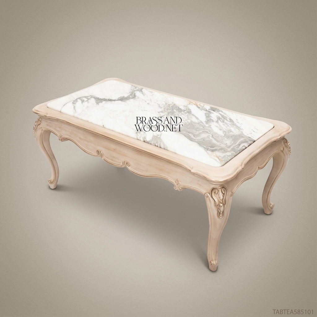 Louis XV Salon Coffee Table with Marble Top & Carved Ivory Wood Frame