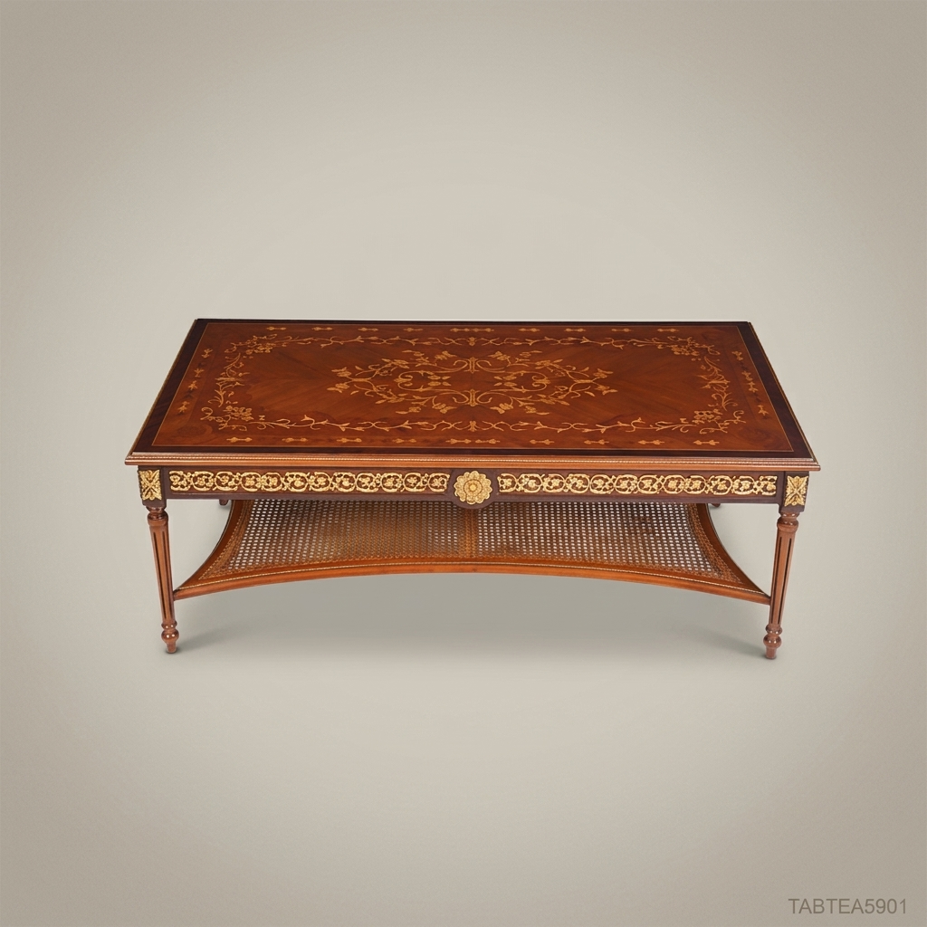Louis XVI Marquetry Coffee Table with Brass Mounts & Cane Shelf