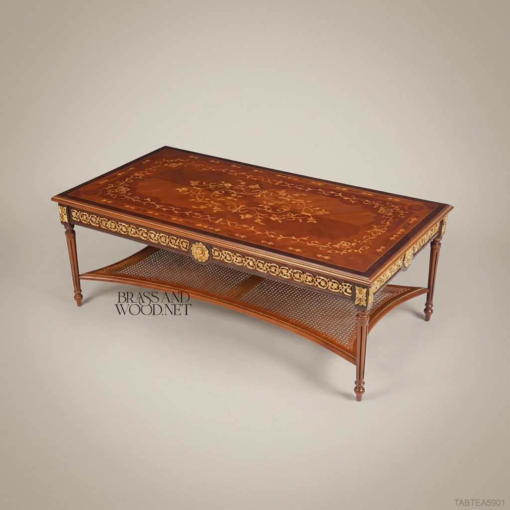 Louis XVI Marquetry Coffee Table with Brass Mounts & Cane Shelf