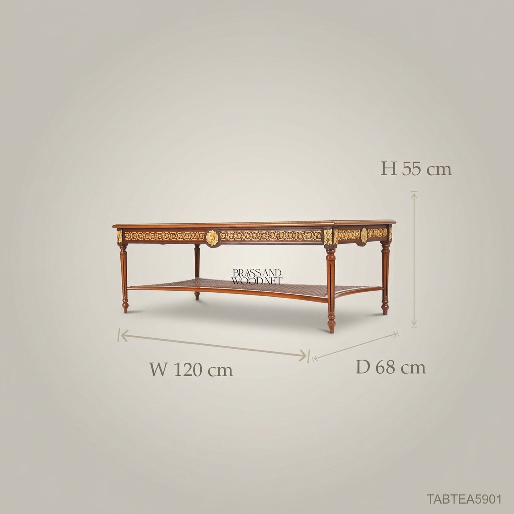 Louis XVI Marquetry Coffee Table with Brass Mounts & Cane Shelf