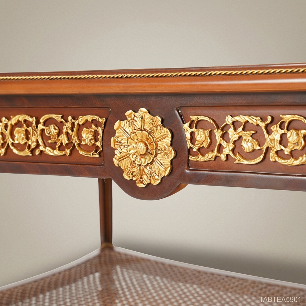Louis XVI Marquetry Coffee Table with Brass Mounts & Cane Shelf