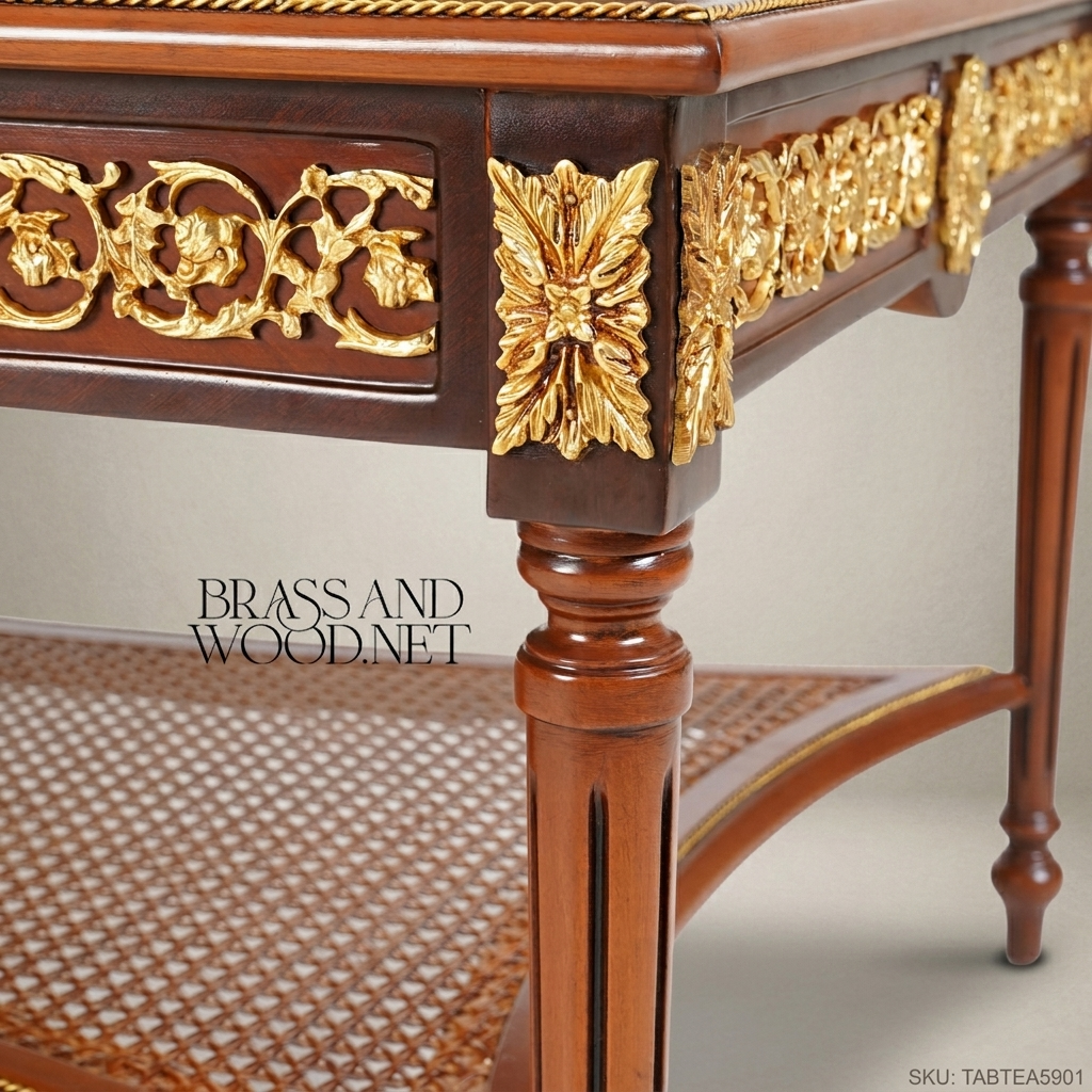 Louis XVI Marquetry Coffee Table with Brass Mounts & Cane Shelf