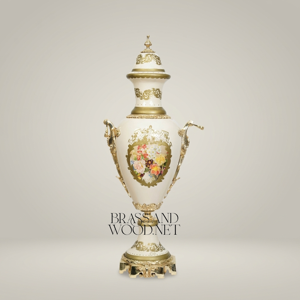 Neoclassical Sèvres-Style Lidded Ceramic Urn Vase with Floral Medallion & Brass Mounts