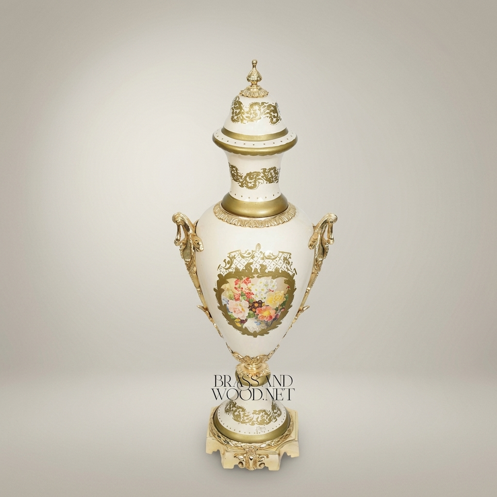 Neoclassical Sèvres-Style Lidded Ceramic Urn Vase with Floral Medallion & Brass Mounts