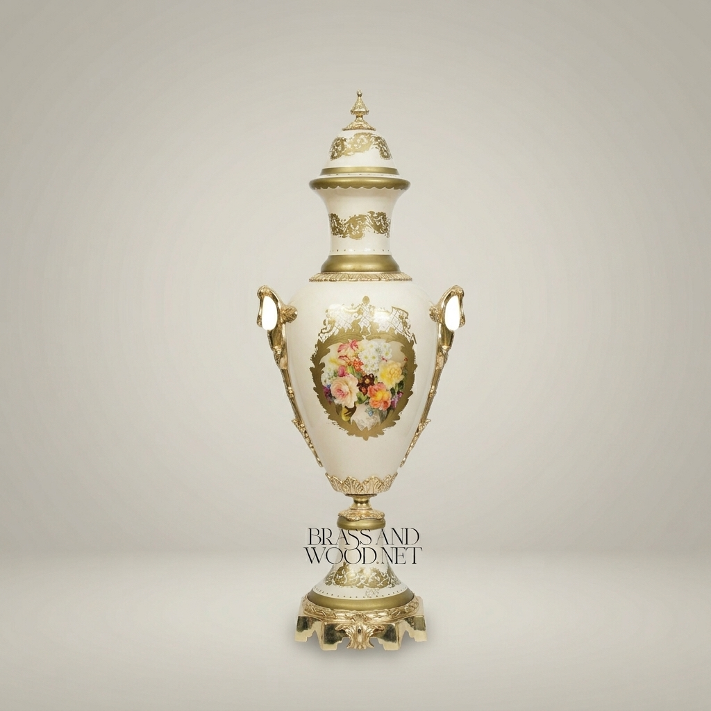Neoclassical Sèvres-Style Lidded Ceramic Urn Vase with Floral Medallion & Brass Mounts