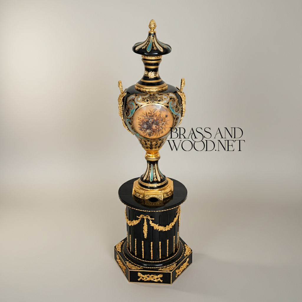 Neoclassical Empire Ceremonial Urn Vase on Pedestal with Gilt Swag & Floral Medallion