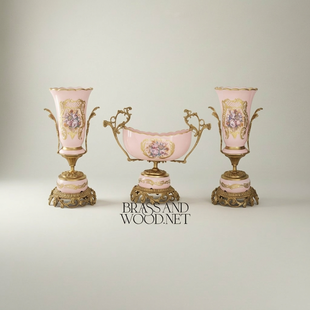 Rococo Porcelain Vase & Centrepiece Set – Pink Floral Hand-Painted with Ornate Brass Base — Antique Gold