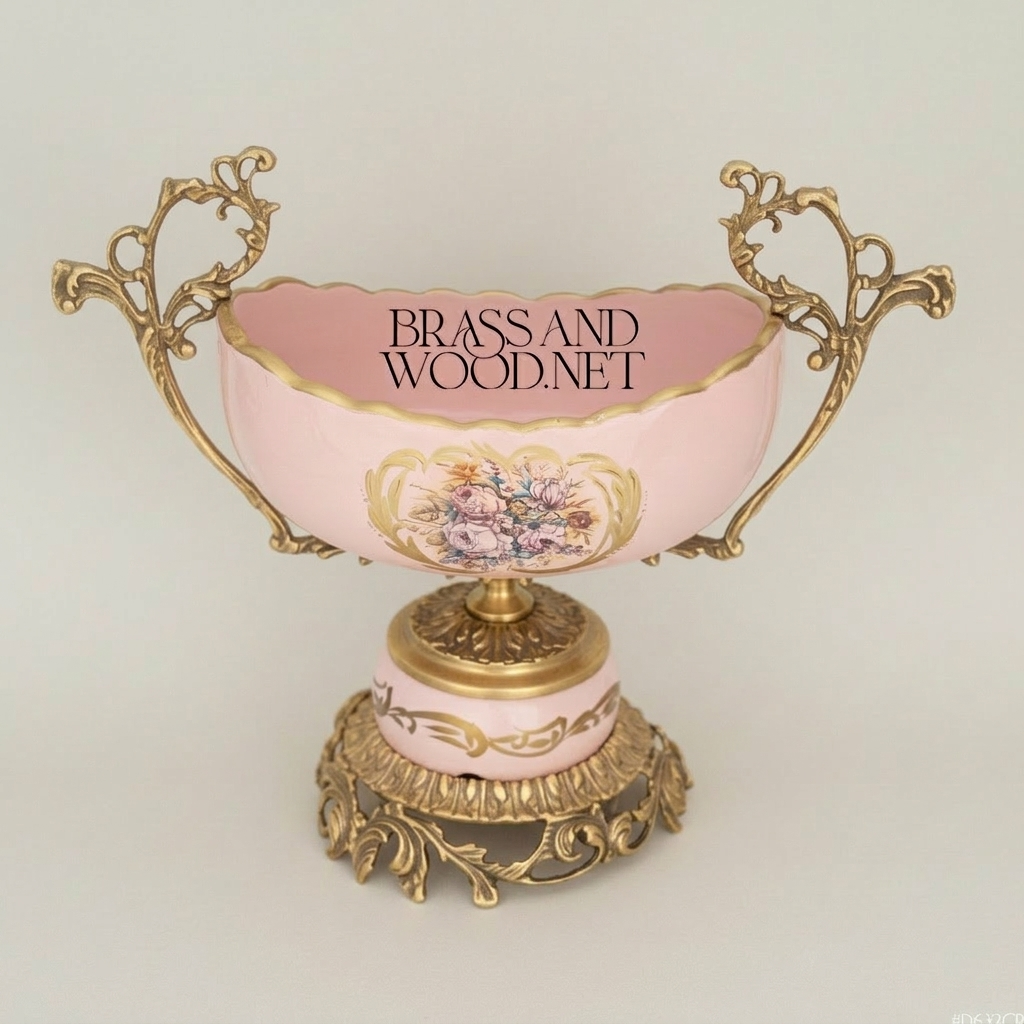 Rococo Porcelain Vase & Centrepiece Set – Pink Floral Hand-Painted with Ornate Brass Base