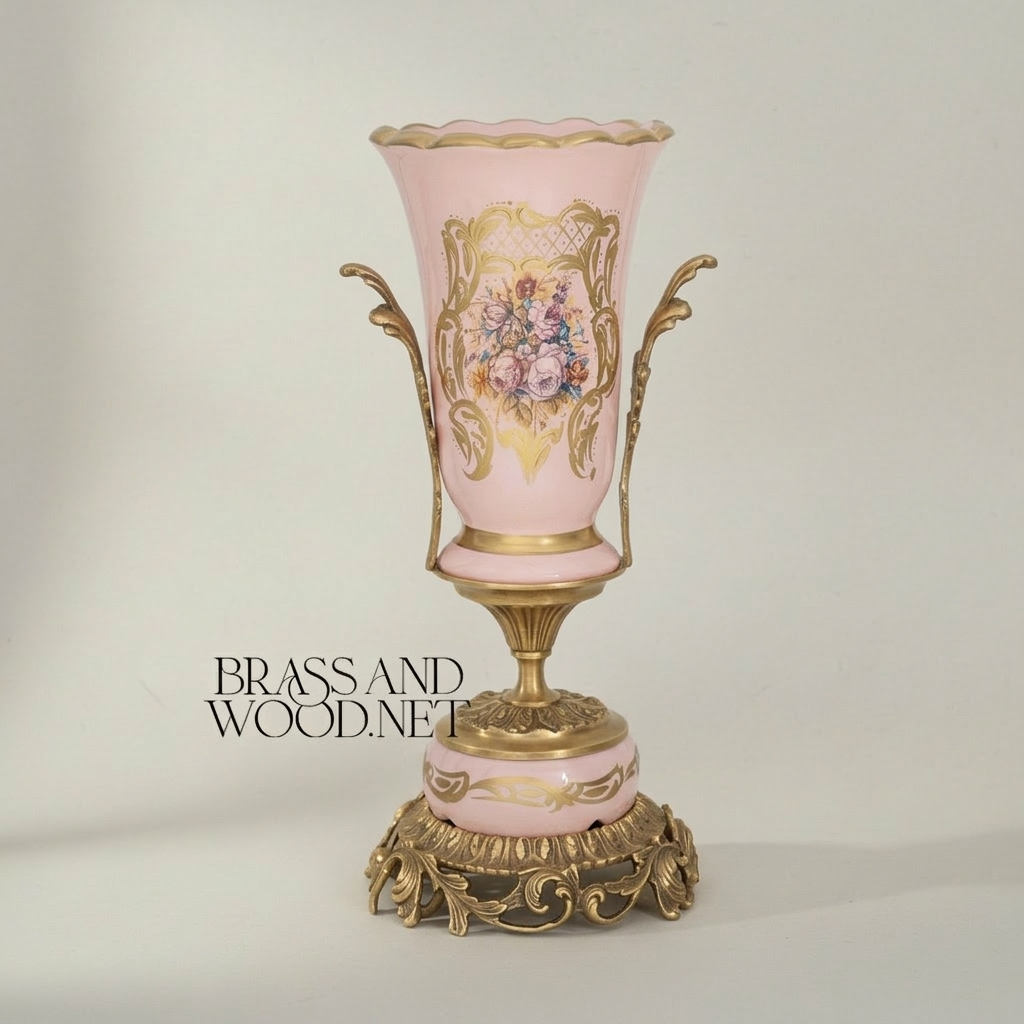 Rococo Porcelain Vase & Centrepiece Set – Pink Floral Hand-Painted with Ornate Brass Base