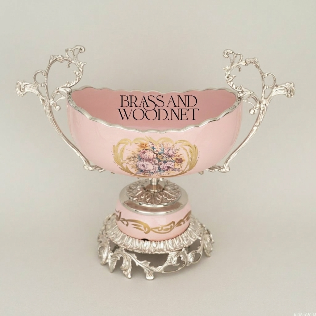 Rococo Porcelain Vase & Centrepiece Set – Pink Floral Hand-Painted with Ornate Brass Base — Silver