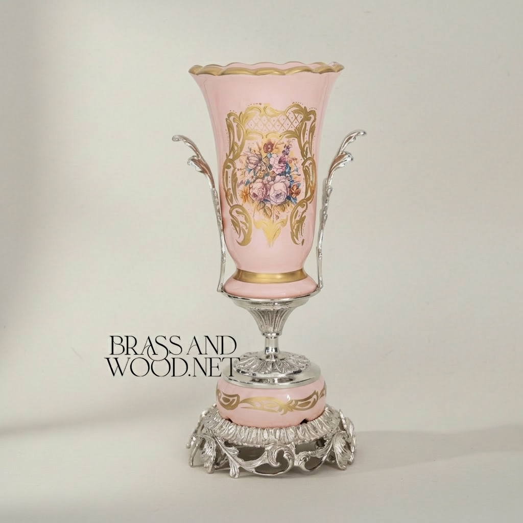 Rococo Porcelain Vase & Centrepiece Set – Pink Floral Hand-Painted with Ornate Brass Base