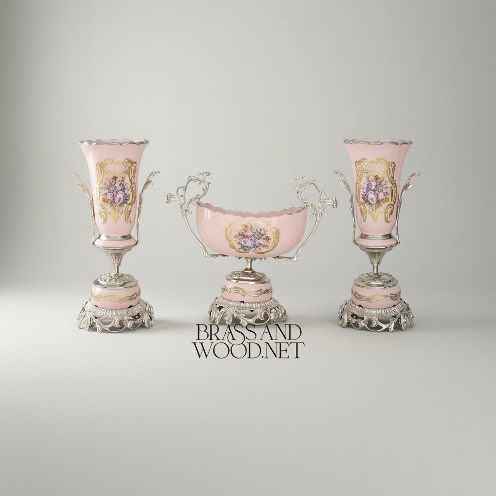 Rococo Porcelain Vase & Centrepiece Set – Pink Floral Hand-Painted with Ornate Brass Base