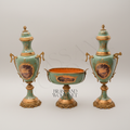 Neoclassical Celadon Ceramic & Brass Vase and Centerpiece Bowl Set - Painted Medallion Panels — Antique Gold
