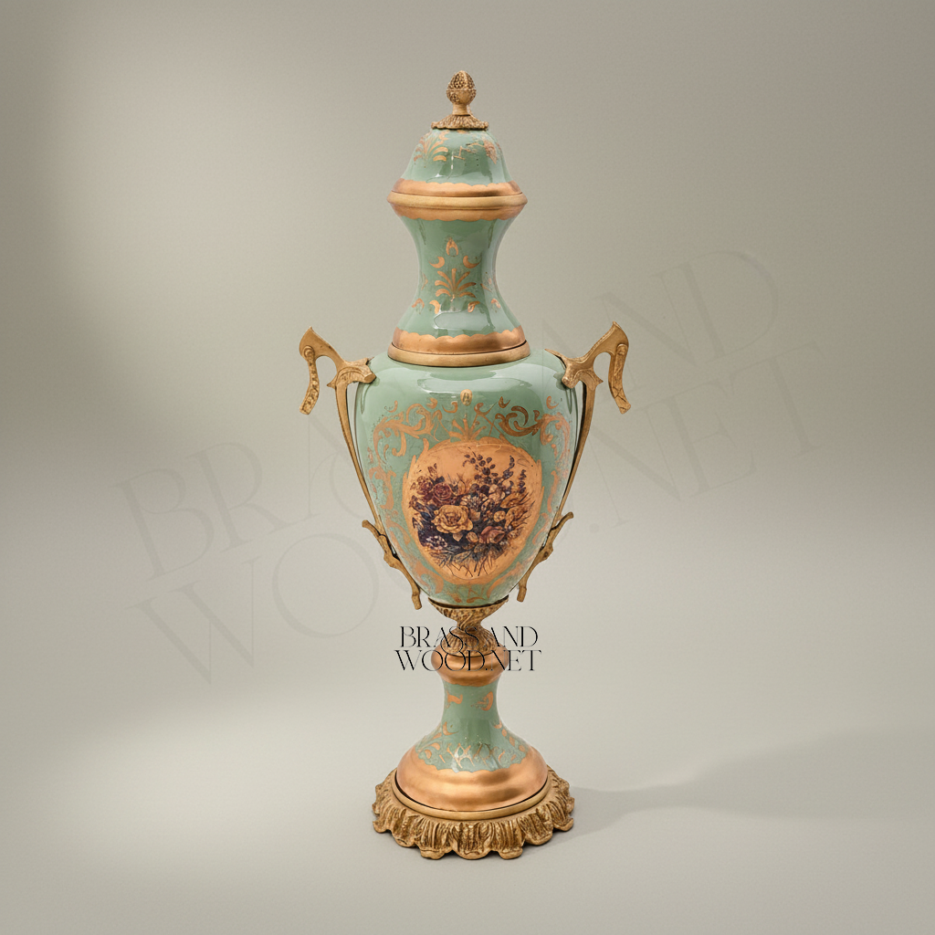 Neoclassical Celadon Ceramic & Brass Vase and Centerpiece Bowl Set - Painted Medallion Panels — Antique Gold
