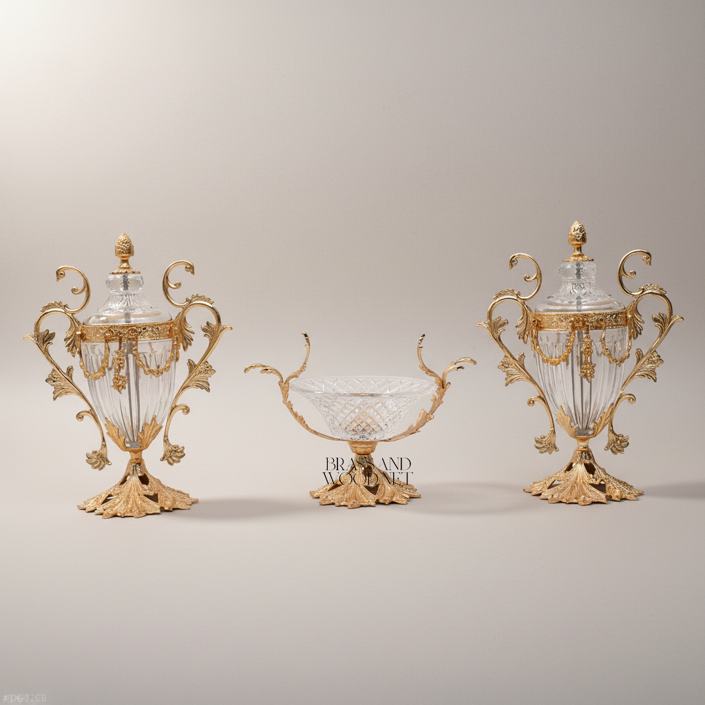 Rococo Acanthus Brass & Cut Crystal Vase and Centerpiece Bowl Set