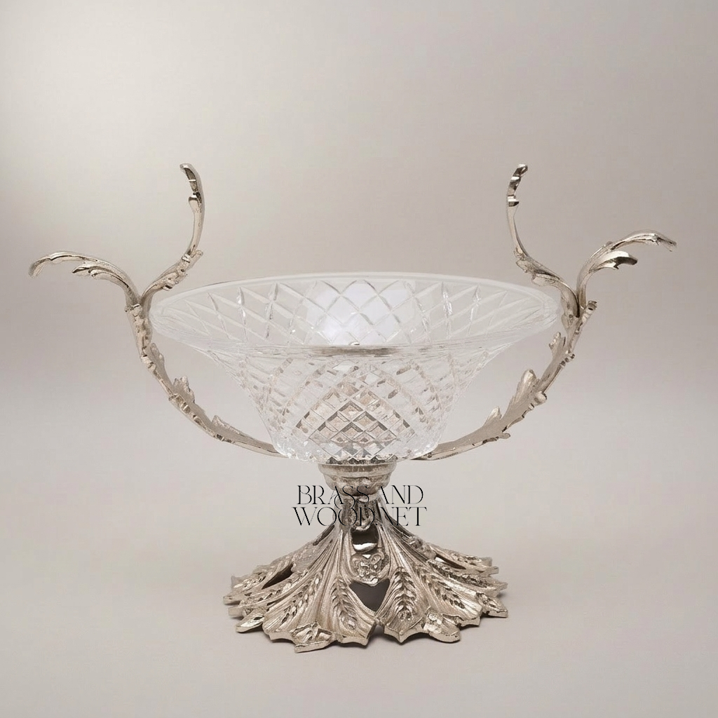 Rococo Acanthus Brass & Cut Crystal Vase and Centerpiece Bowl Set — Silver