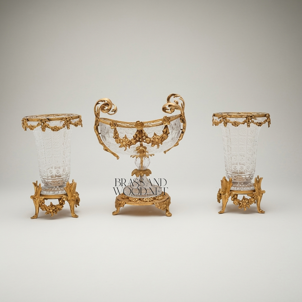 Rococo Crystal & Brass 3-Piece Garniture Set with Floral Swag Centrepiece & Flanking Vases — Gold
