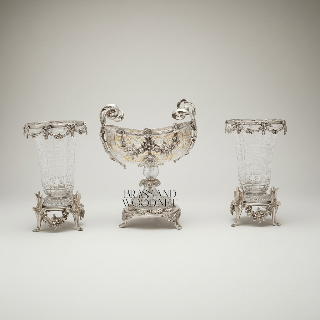 Rococo Crystal & Brass 3-Piece Garniture Set with Floral Swag Centrepiece & Flanking Vases — Silver
