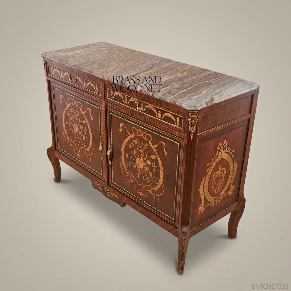 Louis XVI Neoclassical Marquetry Commode with Marble Top & Brass Mounts