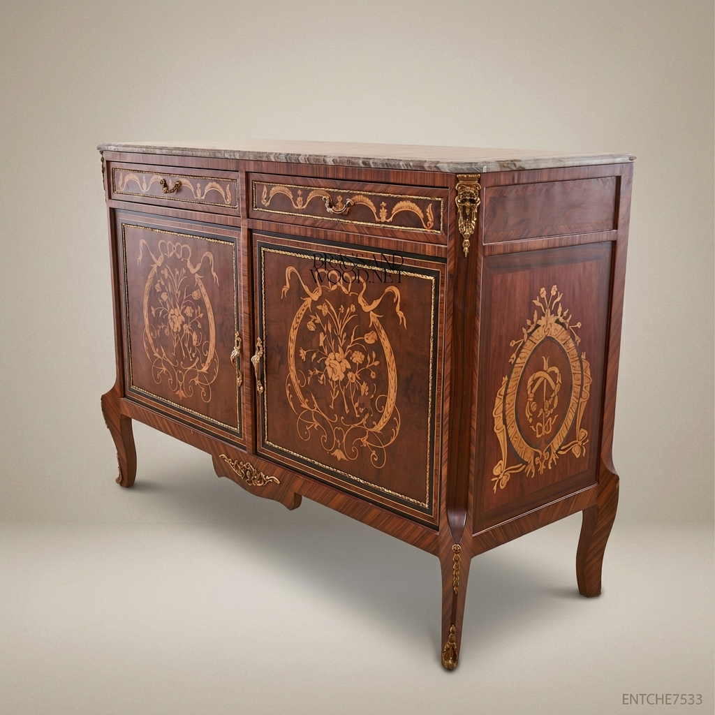 Louis XVI Neoclassical Marquetry Commode with Marble Top & Brass Mounts